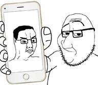 closed_mouth eyebrows glasses holding_object holding_phone phone raised_eyebrow smug soyjak stubble variant:chudjak variant:smugjak // 1000x872 // 274.2KB