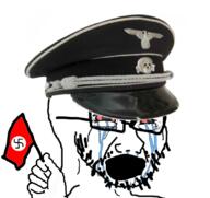 bloodshot_eyes cap clothes crying flag glasses hand hat holding_flag holding_object nazism open_mouth soyjak stubble swastika variant:cryboy_soyjak // 1080x1020 // 639.7KB