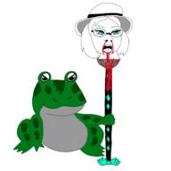 bant_(4chan) blood clothes female frog glasses gore hair hat holding_spear impaled nosebleed nsfl open_mouth redraw round_glasses severed_head soyjak spear subvariant:female_cobson variant:cobson // 800x800 // 114.6KB