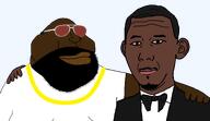 'P_Diddy 'p Rick_Ross beard black_skin bowtie brown_eyes clothes diddy diddy_ahh_blvd_💀💀💀 ear glasses gold_chain hair hugging lips moustache nigger p_diddy pedophile rapper smile subvariant:diddy_ahh_blvd suit sunglasses t50_eyes variant:kuzjak variant:meximutt yellow_sclera // 1578x909 // 123.1KB