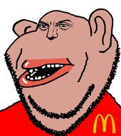 amerimutt brown_skin clothes ear mcdonalds open_mouth punisher_face soyjak stubble subvariant:impish_amerimutt variant:impish_soyak_ears // 594x672 // 263.8KB