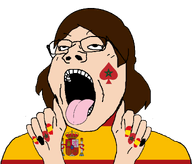 ace_of_spades ahegao bmc cuck cuckistador cuckold female flag:morocco flag:spain glasses hand morocco mouth_open nails spain spaincucks spanish_women subvariant:gapejak_female teeth tongue_out variant:gapejak // 1100x938 // 102.3KB