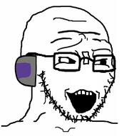 black_eyes ear glasses no_nose open_mouth robot smug soyjak stubble tape twitch variant:soyak // 686x758 // 43.8KB