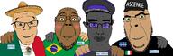 4soyjaks ascence_(user) blush brazil brown_eyes brown_skin clothes dap_chhuon(user) flag:brazil flag:italy flag:mexico flag:quebec glasses green_eyes greg_(user) grey_skin happy hat holding_shoulder italy kgb meta:namefags mexico meximutt milk_(user) name_tag purple_eyes quebec sombrero text variant:bernd variant:chudjak variant:feraljak // 3312x1080 // 1.2MB
