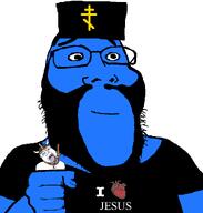 2soyjaks balding beard blue_skin calm christian_cross christianity closed_mouth clothes cross eastern_orthodox fist glasses hand hanging hat heart holding_object i_love jesus jesus_christ merge nails noose open_mouth orthodox orthodox_church orthodox_cross orthodoxy pagan paganism priest rope series:fusionjaks smile soyjak stubble subvariant:science_lover2 suicide text tshirt variant:bernd variant:markiplier_soyjak2 viking white_background wholesome // 951x1000 // 49.7KB