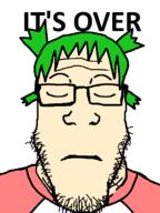 4chan anime closed_eyes clothes glasses green_hair hair its_over soyjak stubble text tshirt variant:markiplier_soyjak yotsoyba // 600x800 // 56.3KB