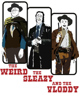 belt cowboy cowboy_hat gun holding_gun holding_object movie movie_poster nose_piercing nose_ring parody shirts sleazy suit_and_tie text the_good_the_bad_and_the_ugly three_soyjaks variant:mulletjak variant:vlodson variant:weirdpenis weird white_background wild_west // 860x1010 // 127.4KB