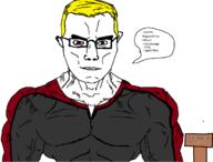 closed_mouth clothes ear glasses muscles muscular_male nate op_is_a_retarded_lazy_faggot_for_not_tagging_his_own_shit red_eyes sign soyjak speech_bubble subvariant:muscular_chud text variant:chudjak vein yellow_hair // 1225x930 // 57.2KB