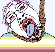 bloodshot_eyes crying flag flag:minor_attracted_person flag:pedophilia_pride_flag glasses hair hanging map_(pedophile) mustache open_mouth pedophile png purple_hair rope soyjak stubble suicide tongue tranny variant:bernd yellow_teeth // 4800x4492 // 2.7MB