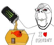2soyjaks animal animal_abuse arm bloodshot_eyes bowl energy_drink fish fish_tank glasses hand holding_object i_love monster_energy open_mouth smile soyjak stubble subvariant:wholesome_soyjak variant:gapejak variant:soyak wrinkles yellow_teeth // 1493x1237 // 106.1KB