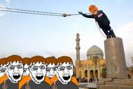 ack angry arm badge bald bloodshot_eyes brown_hair chud_(boorufag) chud_(soybooru) clothes crane crowd crying dan eyebrows foot glasses hair hand hanging irl_background jubille_(user) leg looking_at_you multiple_soyjaks name_tag nose open_mouth orange_skin revolution rope saddam_hussein soybooru statue stubble teeth text tongue variant:bernd variant:feraljak white_skin wrinkles yellow_teeth // 2000x1333 // 2.6MB