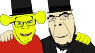 2soyjaks clothes friendship glasses hand happy looking_at_you no_more_brother_wars ratboy_genius red_shirt smile soyjak stubble suit top_hat variant:cobson variant:feraljak white_skin yellow_skin // 1920x1080 // 52.2KB