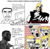 bloodshot_eyes clothes comic crying female gigachad gun hair hand hokuto_no_ken kenshiro knowyourmeme multiple_soyjaks soyjak stretched_mouth stubble subvariant:pol_face text troll variant:chudjak variant:soyak yellow_hair // 1200x1187 // 209.9KB