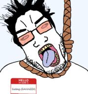 ack beard bu5t_(user) glasses hair hanged hanging name_tag open_mouth rope sating_(user) subvariant:chudplier variant:markiplier_soyjak // 770x825 // 45.7KB
