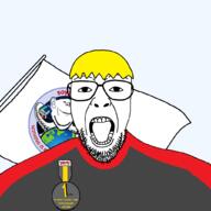 badge beard clothes flag glasses logo looking_at_you nate nate_higgers octopus open_mouth sharty soyjak soyjak_party sproke tranny variant:bernd variant:impish_soyak_ears variant:patriotjak yellow_hair // 1023x1023 // 149.6KB