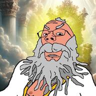 angry balding beard brown_skin clenched_teeth clothes drawn_background glasses god grey_hair heaven looking_at_you mustache nipple soyjak thick_eyebrows variant:gapejak // 659x659 // 123.0KB