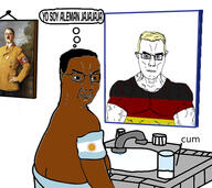 adolf_hitler argentina buff closed_mouth country countrywar fat flag flag:argentina flag:germany flag:nazi_germany germany glass glasses hair mirror portrait sink speech_bubble sperm subvariant:muscular_chud text thought_bubble towel variant:chudjak water yellow_hair // 480x427 // 142.7KB