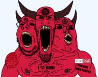 3soyjaks 666 admin_6 angry animal_abuse antithrembo black_sclera blood buff chest_hair demon facial_mark forehead_mark glasses gore heart horn i_hate i_heart i_love impact_font liveleak logo mark_of_the_beast monster muscles nipple open_mouth pentagram pentagram_forehead_mark red_eyes red_skin satan satanism sharp_teeth soyjak spade stubble tattoo teeth text thrembo trend:soyjak_trio variant:gapejak variant:markiplier_soyjak variant:tony_soprano_soyjak // 1770x1396 // 154.5KB