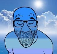 arm blue_skin calm closed_eyes closed_mouth clothes glasses irl_background soyjak stretched_chin stubble tshirt variant:el_perro_rabioso // 427x400 // 99.3KB