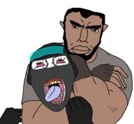 2soyjaks arm balaclava beard bloodshot_eyes brown_skin buff choke_hold chud clothes crying ear eyelashes hair hand headlock rainbow_six soyjak strangling subvariant:chudjak_front the_weak_should_fear_the_strong tongue variant:bernd variant:chudjak video_game yellow_teeth // 499x461 // 47.6KB