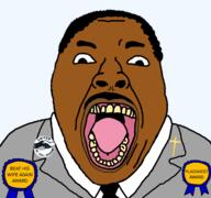award black_skin brown_lips button civil_rights clothes cross front_facing hair hand lapel_pin lips martin_luther_king_jr mustache necktie open_mouth suit variant:bernd // 1682x1577 // 640.8KB