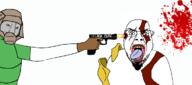 2soyjaks ack angry arm armor beard blood closed_mouth doom doomguy glasses glove goatee god_of_war gore goy_of_war greece gun hair hand herpes holding_gun holding_object kratgoy kratos pistol powerscaling smug soyjak stubble teeth text tongue variant:bernd variant:chudjak video_game warrior-z_(user) // 1166x515 // 196.4KB