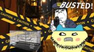 BUSTED! animal cage cat closed_mouth clothes coaltent_cop crying frown glasses gun holding_gun holding_object mametchi medal medallion police police_hat soyjak stubble teeth text uniform variant:catjak variant:dubbbzjak variant:mameson // 1024x576 // 922.8KB