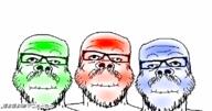 3soyjaks animated blue closed_mouth glasses green holding_breath mustache poyopoyo red rgb soyjak stubble tonton variant:a24_slowburn_soyjak // 400x211 // 454.6KB