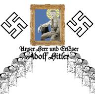 adolf_hitler closed_eyes closed_mouth glasses holding_sword kneel kneeling knight more portrait sonnenrad swastika text variant:chudjak // 1024x1012 // 426.8KB