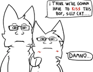 2soyjaks anthro blush boykissersilly_cat closed_mouth english_text eyebrows furry glasses heart neutral nose speech_bubble subvariant:neutralplier text variant:markiplier_soyjak white_background // 943x729 // 234.3KB