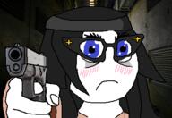 angry beanie blue_eyes blush clothes female glasses gun hair hand hat looking_at_you no_nose open_mouth pistol pointing pointing_at_viewer soyjak text variant:soytan // 436x300 // 99.5KB