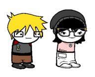 award beanie black_shoes blond blush brown_pants glasses homestuck meta:tagme nas nate necklace pink_shirt red_shirt soy soylent soylent_(cacao) variant:soytan // 369x300 // 12.8KB