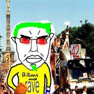 angry closed_mouth clothes ear goatee green_hair irl_background millions_must_die rave soyjak text variant:chudjak // 800x800 // 167.7KB