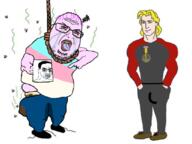 angry arm chad closed_mouth clothes crying ear flies glasses hair hanging nate open_mouth picture pink_skin pointing poop purple_hair sharty soyjak soyteen stubble tranny variant:chudjak variant:shotjak yellow_hair // 833x626 // 287.5KB