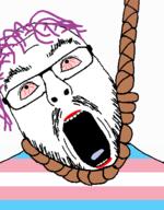 bloodshot_eyes flag flag:transgender_pride_flag glasses hanging lipstick mustache open_mouth purple_hair rope stubble tranny variant:flartson // 410x524 // 33.9KB