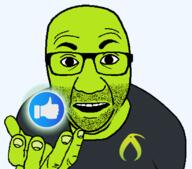 artist:bucephalus_(kiwi_farms) clothes glasses green_skin hand holding_object kiwifarms like looking_at_you open_mouth perro_hold series:kiwiperros soyjak sticker stubble subvariant thumbs_up transparent_background tshirt variant:el_perro_rabioso // 820x720 // 59.4KB