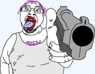 ack clothes firearm gape gun holding_gun holding_object holding_pistol lipstick makeup mustache obese pistol purple_hair staring stubble tranny troon variant:bernd yellow_teeth // 498x389 // 43.1KB