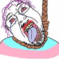 3d 3dgifmaker animated bloodshot_eyes crying flag glasses hair hanging mustache open_mouth purple_hair rope soyjak stubble suicide tongue tranny variant:bernd yellow_teeth // 200x200 // 297.2KB