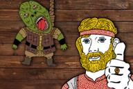 2soyjaks ancient_rus arm beard blue_eyes closed_mouth clothes full_body green_skin hair hand hanging headband lizard open_mouth red_eyes redraw reptile reptilian ring rope russia sharp_teeth slavic soyjak thumbs_up tongue variant:bernd variant:kuzjak yellow_hair // 1620x1080 // 1.6MB