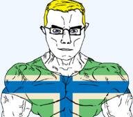arm aryan blue_eyes british buff closed_mouth clothes ear england flag flag:gloucestershire glasses gloucestershire hair soyjak subvariant:chudjak_front subvariant:muscular_chud tshirt united_kingdom variant:chudjak vein yellow_hair // 1059x929 // 37.7KB