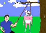 blood bloodshot_eyes buff closed_mouth clothes crying drawn_background glasses hair hanging holding_object holding_rope lynching matrix matthew mustache neovagina open_mouth purple_hair soyjak stubble tongue tree variant:bernd white_skin yellow_teeth // 2100x1500 // 508.7KB