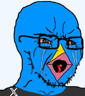 angry animal bald beak bird blue blue_skin crying glasses logo open_mouth pink_eyes seething soyjak stubble tongue twitter variant:soyak x xitter // 595x669 // 25.5KB