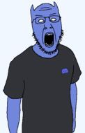 angry arm blue_skin clothes discord glasses open_mouth soyjak stubble tshirt variant:tewi // 357x563 // 13.9KB