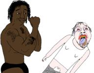 africa arm bbc black_lives_matter black_skin clothes fist hair hand leg open_mouth penis smile stubble tattoo tiny_penis tongue tshirt twp variant:bernd variant:chudjak white yellow_teeth // 2700x2107 // 911.1KB