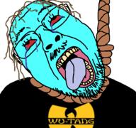 big_stalling blue_skin brown_hair crying dead flag glasses hair hanging mustache open_mouth purple_hair red_eyes rope soyjak stubble suicide template tongue tranny variant:bernd wu_tang_clan yellow_teeth // 768x719 // 79.7KB