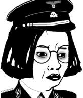 closed_mouth clothes female glasses hair hat nazism round_glasses soyjak subvariant:female_chudjak swastika variant:chudjak // 769x900 // 112.0KB