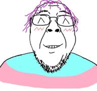 ^_^ anime blush closed_eyes flag glasses meta:low_resolution purple_hair redraw smile soyjak stubble tranny variant:bernd // 768x719 // 224.4KB