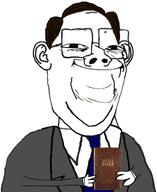 arm bible blue_tie brown_hair christianity clothes ear glasses hair hand holding_book holding_object necktie protestant rage_comic soyjak suit suit_and_tie variant:protestantjak yoba_face // 1452x1777 // 853.6KB