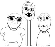 3soyjaks arm baby biting_lip deformed full_body glasses hair leg mustache open_mouth soyjak stubble subvariant:emmanuel subvariant:hornyson subvariant:jacobson teeth variant:a24_slowburn_soyjak variant:cobson variant:gapejak white_background // 1407x1200 // 256.6KB