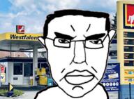 angry closed_mouth ear gas_station glasses hair irl_background pun soyjak subvariant:chudjak_front the_west_has_fallen variant:chudjak // 498x367 // 71.2KB